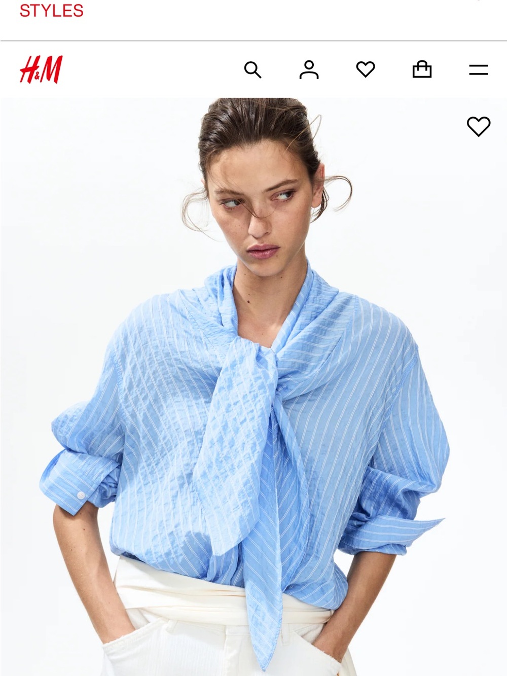 H&M Sky Blue Striped Tie-Neck Blouse